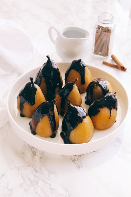 Poached Whisky Pears chocolate sauce