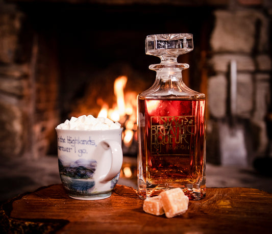 Boozy Hot Chocolate in black mug with Stag's Breath Liqueur